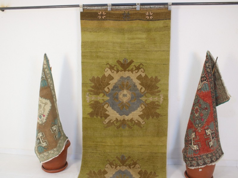 3x13 Green Runner Rug, Handmade Turkish Rug, Vintage Geometric Rug, 3.1x12.5 Ft gallery