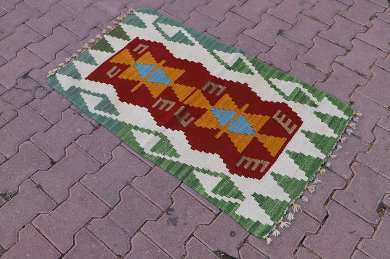 Cappadocia Handmade Green Kilim Carpet Anatolian Ethnic Foyer Small Rug 2x4ft gallery