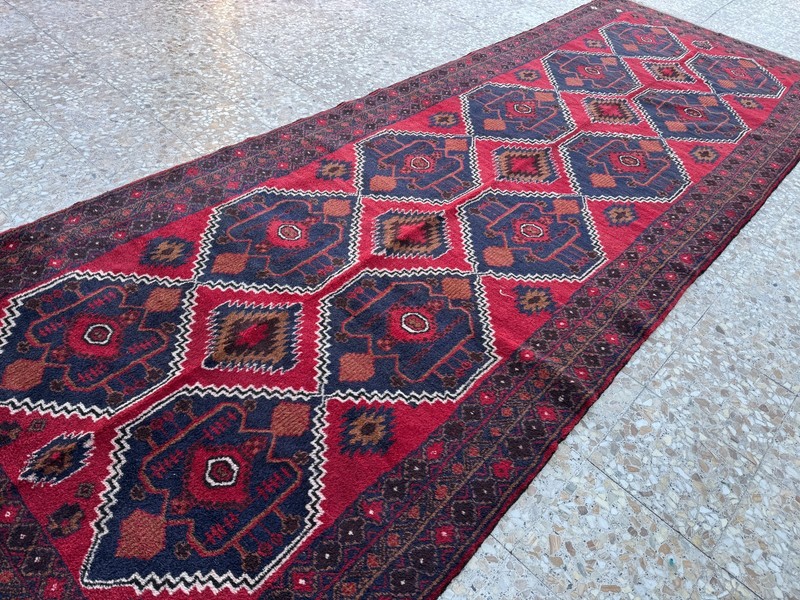 Hand Knotted Afghan Baluchi Runner Rug 5x14 ft Red Geometric Turkmen Long Carpet gallery