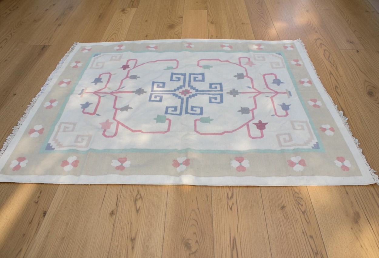 VIntage 8 x 10 Vintage Hand Woven Flat Weave Wool Rug Greek Key Bo gallery