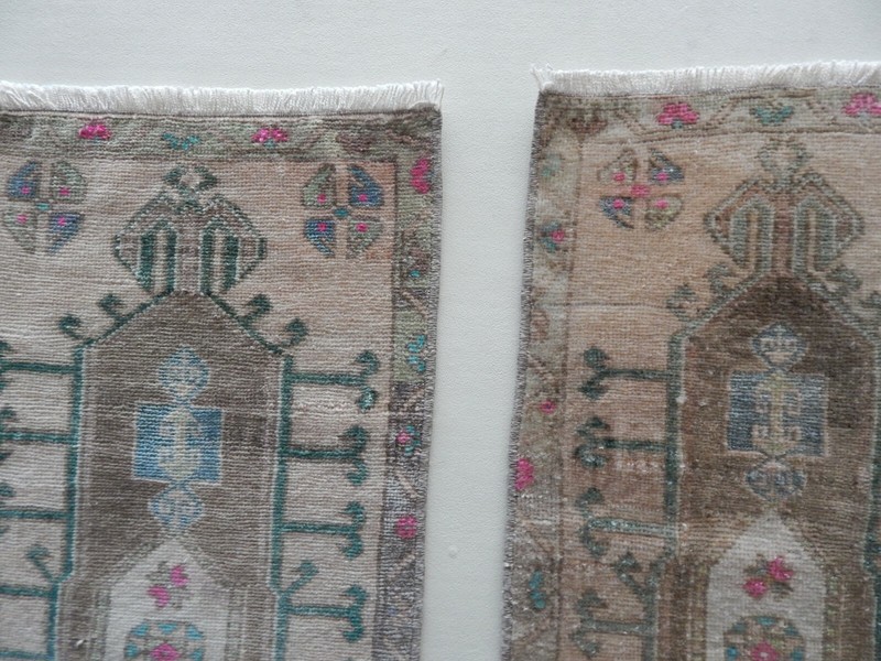 Vintage Small Wool Doormats, Set Of 2, Pair Hand Knotted Rugs, Oushak Ushak Rug gallery