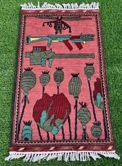 Afghan Hand Opium Flower War Rug Tribal Wool With Knotted Wall Hanging Rug