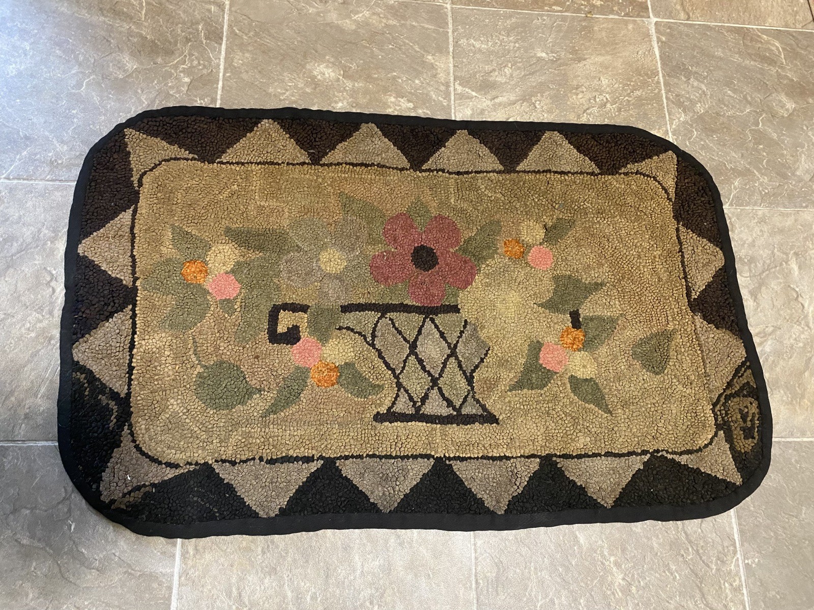Vintage Antique Handmade Rectangular Basket Flowers Hooked Rug 32”x 20” gallery