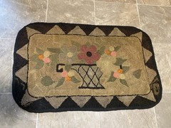 Vintage Antique Handmade Rectangular Basket Flowers Hooked Rug 32”x 20”