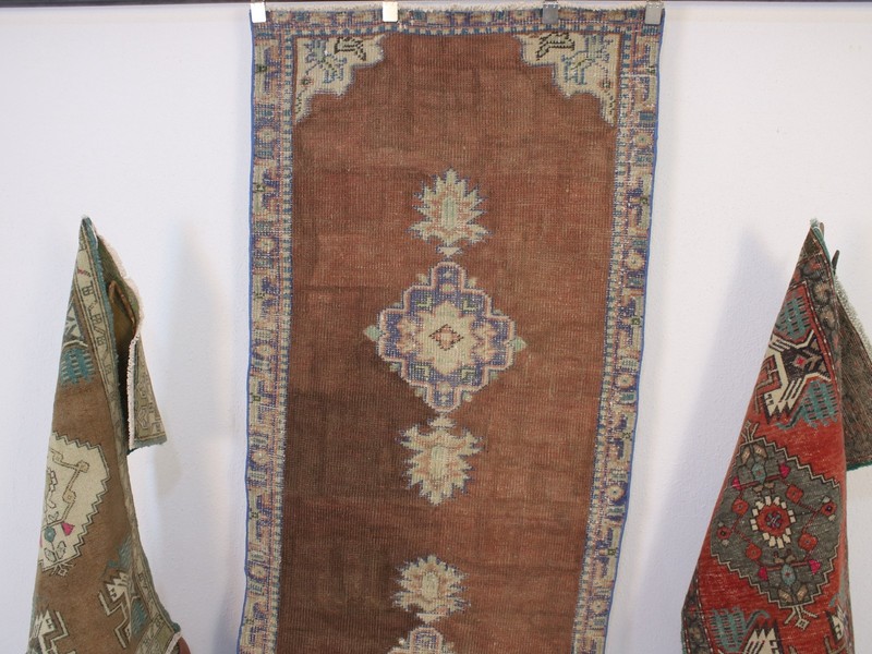 3x10 Turkish Handmade Runner Rug Chocolate Brown Blue Medallion 2.8x10.1 ft gallery