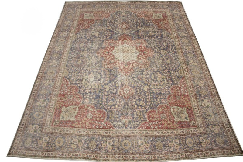 Hand-Knotted Distressed Purple-Navy Floral Rug Antique Oriental Carpet 10X13 ft gallery