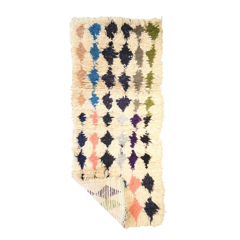 Moroccan Handmade Vintage Rug 2'5x6 Berber Geometric Cream & Black Cotton Rug