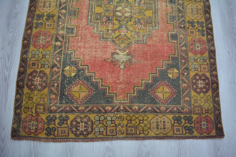 Red Faded Turkish Vintage Carpet, 3.7x6.5ft, Red Antique Geometric Handmade Rug, gallery