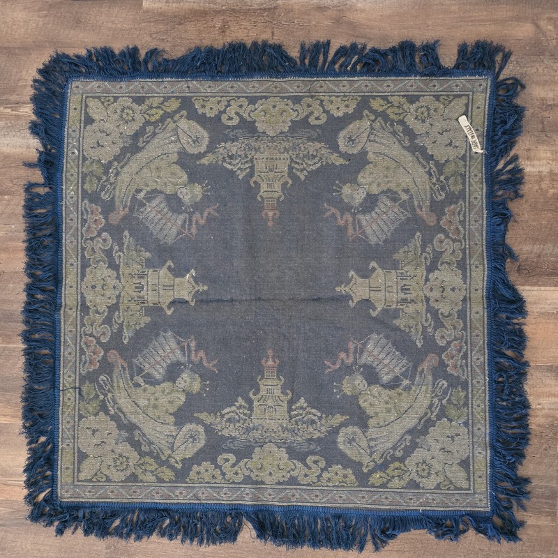 Oriental Style Vintage Italian Made Fringed Carpet Blue Square 34'' x 34" gallery