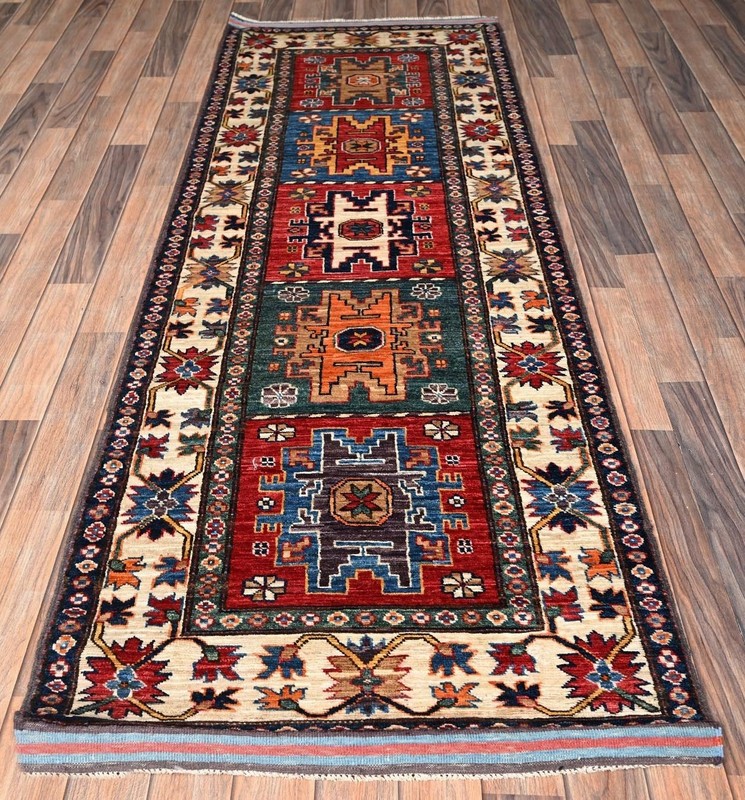 Fine Quality Colorful Handmade Afghan Kazakh Runner, Caucasian Design, 3x8 gallery