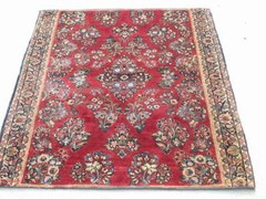 Antique Oriental Rug Fragment Reds and Blues Floral 41×51″ 3×4 ft Virgin Wool Pi
