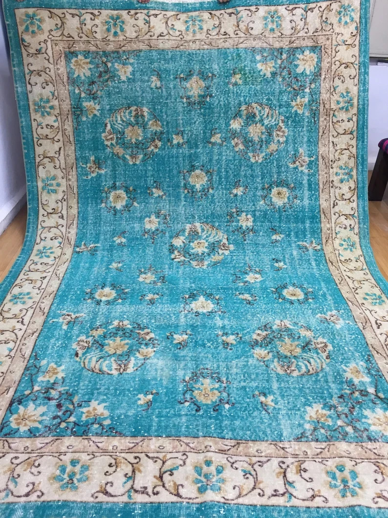 8x6 Ft Vintage Turkish Oushak Rug Handmade Distressed Turquoise Wool Area Rug gallery