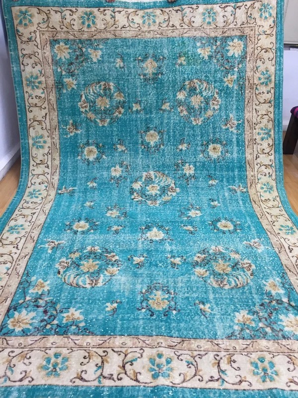 8x6 Ft Vintage Turkish Oushak Rug Handmade Distressed Turquoise Wool Area Rug gallery