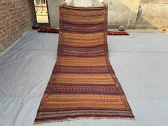 Afghan Baluchi Kilim Runner Rug 3’5×8’0 ft – Vintage Flat Weave Hallway Decor