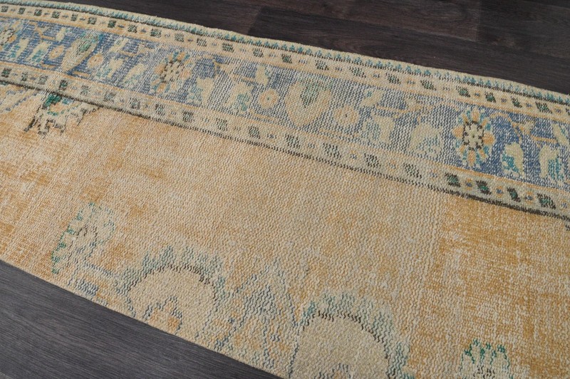 Vintage Turkish Runner Rug 2x7ft YELLOW Handmade Anatolian Oushak Hallway Wool gallery