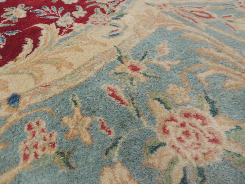 9x12 Antique Kermaan wool Oriental Rug Ivory Blue Red Medallion WOW! gallery