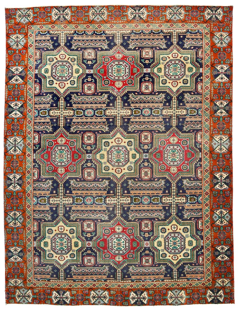 Handmade Semi-Antique Vintage Oriental Rug Geometric Living Room Carpet 9X12 ft