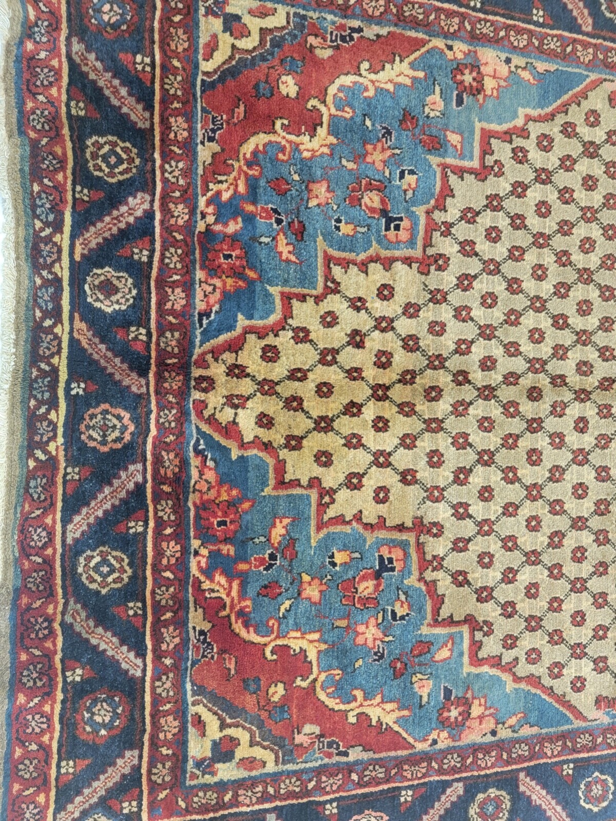 Antique Oriental Hand-Knotted Wool Runner Beige/Red/Blue 4'7" x 10' gallery