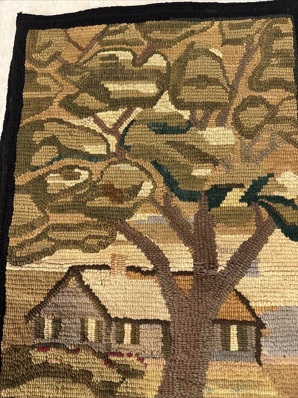 Vintage Hand Hooked Wool Tapestry Farmhouse Landscaped Tree Cottage, gallery