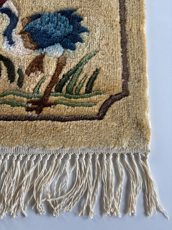 Vintage Pine & Crane Chinese small Silk Rug/Wall Hanging, birds & trees, no tags gallery