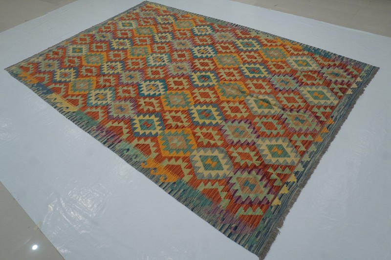 7x10 ft Orange Afghan Hand Woven Wool Reversible Kilim Rug 6'9"x9'6" gallery