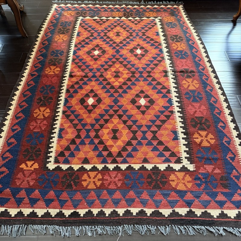 Vintage Handwoven Wool Kilim Rug – Bold Tribal Geometric Design 66” x 100” gallery