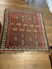 Vintage Handwoven Afghan Turkmen Tribal Wool Rug – Geometric Red – Distressed