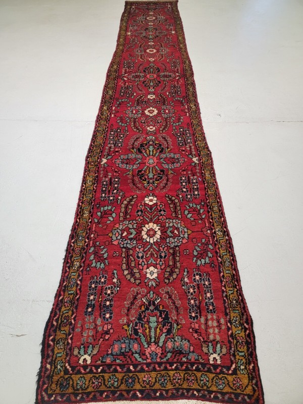 Antique Oriental Hand-Knotted Wool Runner Red/Green/Blue/Ivory 2'10" x 17'3" gallery