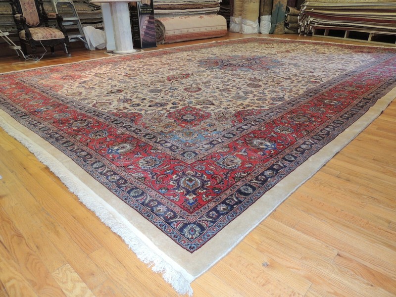13x19 Oversize Antique Mashaad Oriental Area Rug Ivory Red wool RARE size gallery