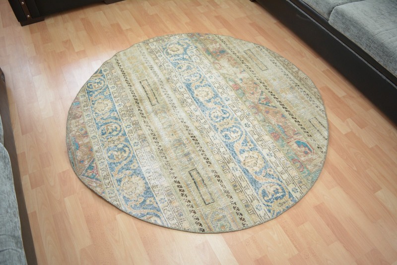 Beige Turkish Vintage Round Rug, 4.9x4.9ft, Antique Multicolor Handmade Rug, gallery