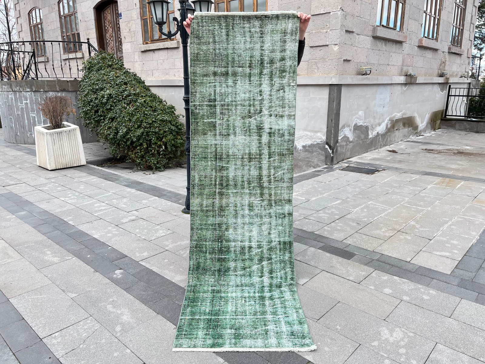 Vintage Turkish Overdyed Runner Rug 2.6x8.6 ft Green Hand Knotted Wool Rug gallery