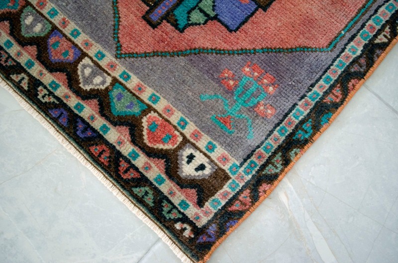 Vintage Distressed Small Area Rug Hand Knotted Oushak Rugs Yastik -1'7"x3'8" gallery