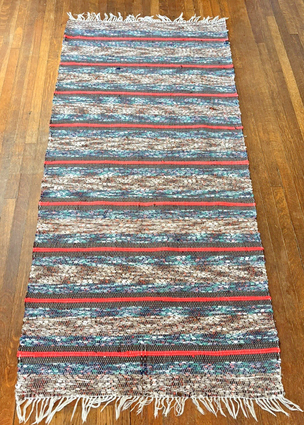BRIGHT COLORS Swedish Hand Made Rag Rug (35 x 74 inches) 1930s gallery