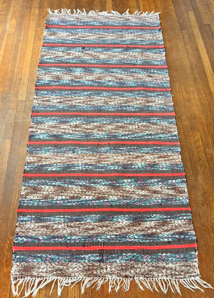 BRIGHT COLORS Swedish Hand Made Rag Rug (35 x 74 inches) 1930s