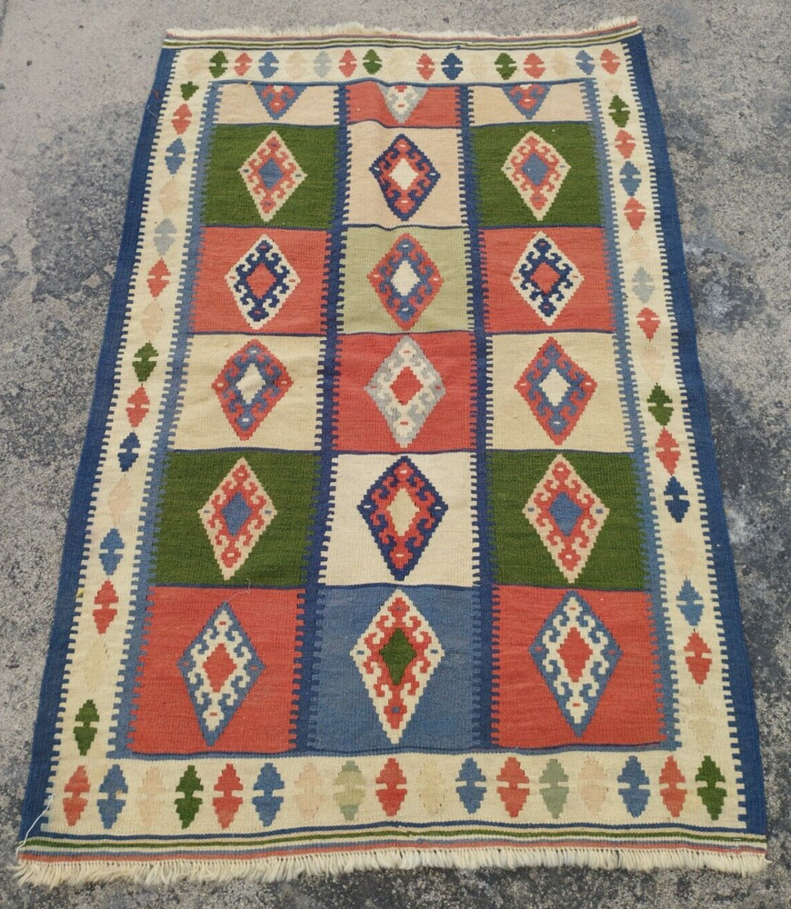 Antique Traditional Oriental Multicolor Wool Kilim Rug Carpet 156x103 cm