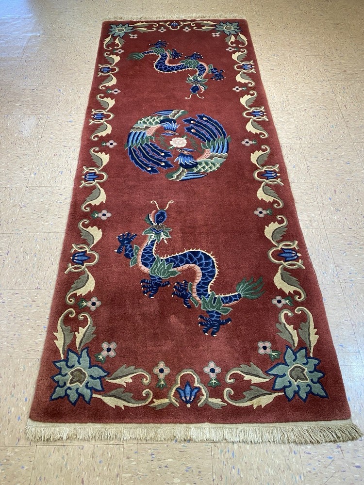 c1950's ANTIQUE MINT ART DECO DRAGON DESIGN CHINESE NICHOLS RUG 3’9” X 10’6”