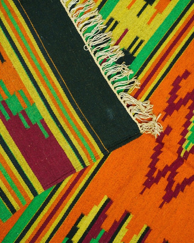 Romanian Oltenian Kilim Rug Handwoven 100% Wool Geometric Orange Green 1970s gallery