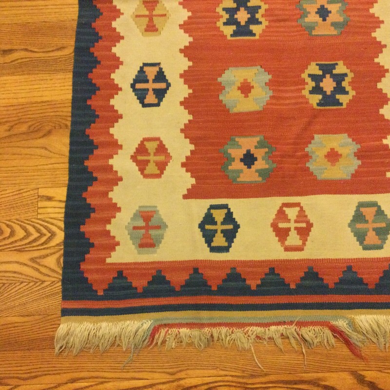 Vintage Kilim Wool Rug Blue Rust 47” X 23” Hand Knotted Turkey Tribal Carpet gallery