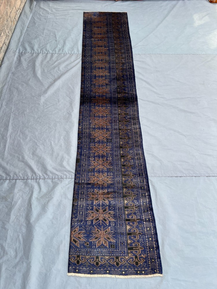 Vintage Afghan Runner Rug 1'10 x 9'7 – Hand Knotted Tribal Wool Blue Hallway Rug