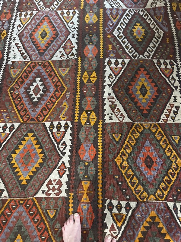 Turkish Handwoven Flat Weave Wool Kilim Rug Black Brown Cream Orange Blue gallery