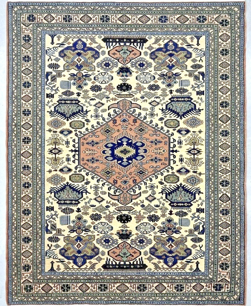 Vintage Ardebil Tribal Geometric Hand Knotted Wool Ivory Oriental Area Rug 6x9
