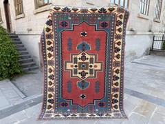 5×7 Vintage Turkish Rug Dusty Pink Cobalt Blue Tribal Area Carpet