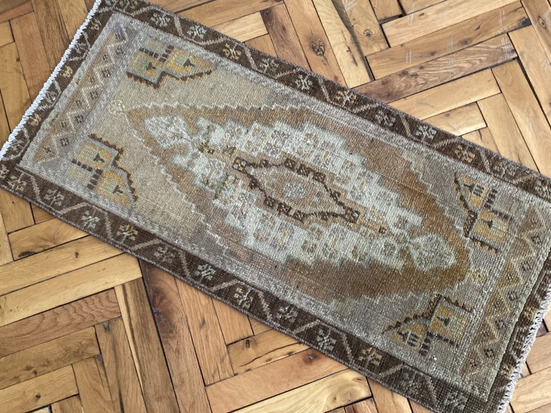 Vintage Turkish Wool Bath Rug 1.4 x 3.1 Ft Brown Handwoven Oriental Small Carpet gallery