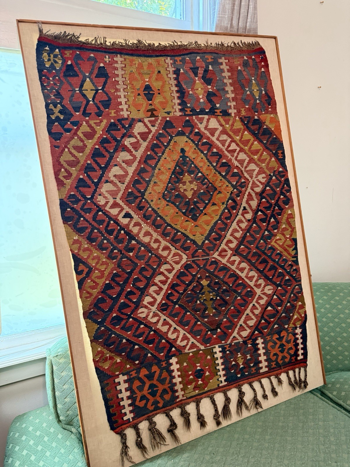 Antique Turkish Fethiye Kilim Rug Framed Wall Textile 61x41 Handwoven 438L gallery