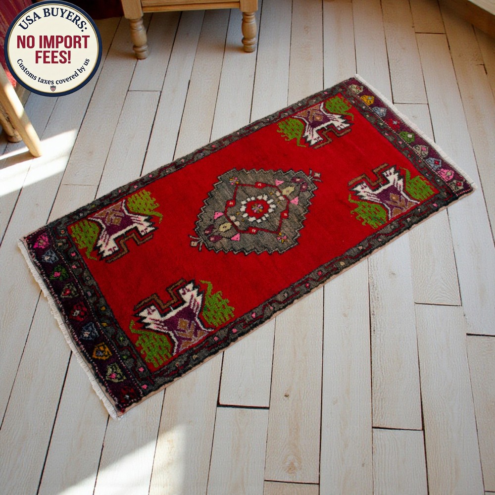 Vintage Small Oushak Rug 2x3 Hand-Knotted Colorful Turkish Wool Mat Door Mat