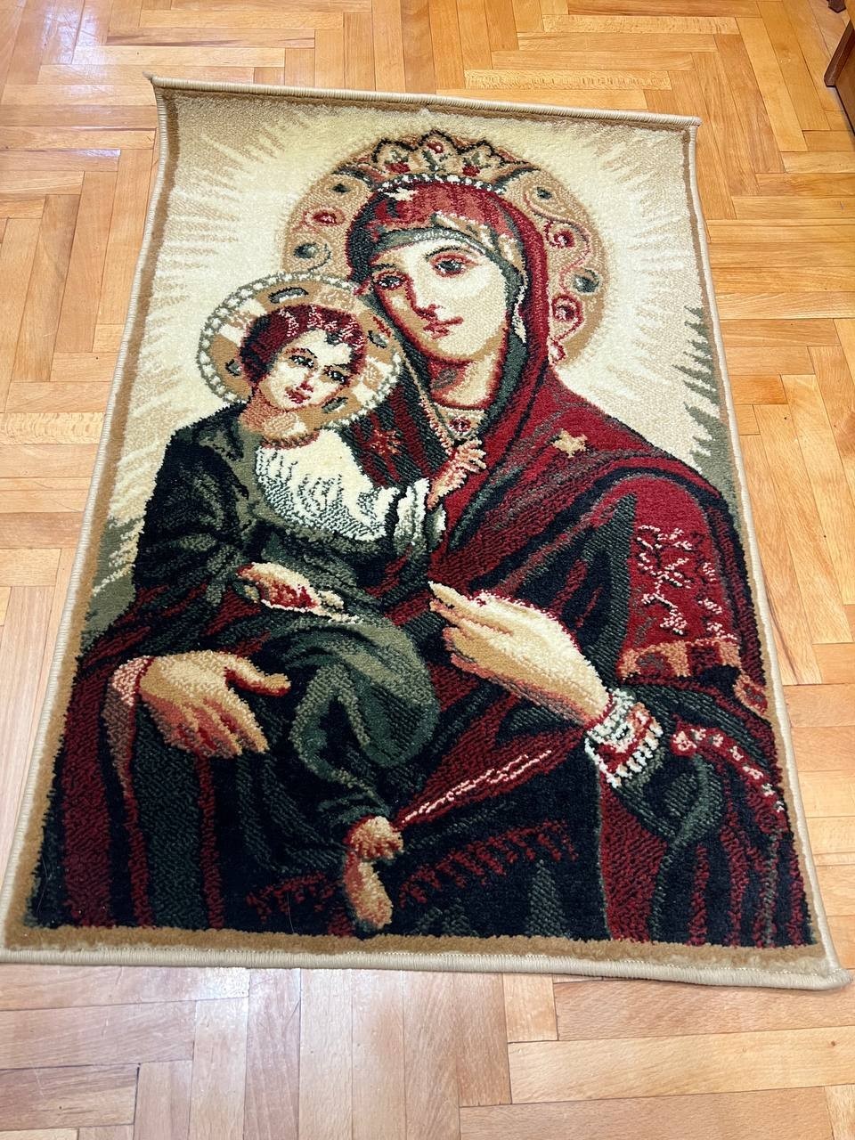 Vintage Woven Religious Tapestry Rug Mother of God with Infant Christ Thick Wall gallery