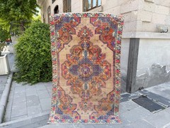 Vintage Turkish Oushak Rug 4.4×7 ft Beige Orange Anatolian Area Rug Wool Carpet