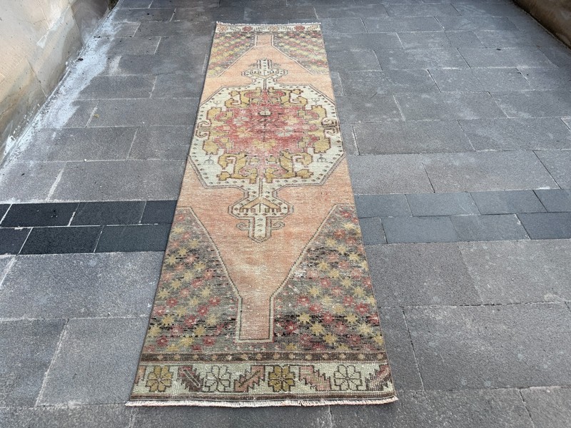 Vintage Turkish Oushak Runner Rug 2.7x9.5 ft Pink Sage Hallway Area Rug gallery