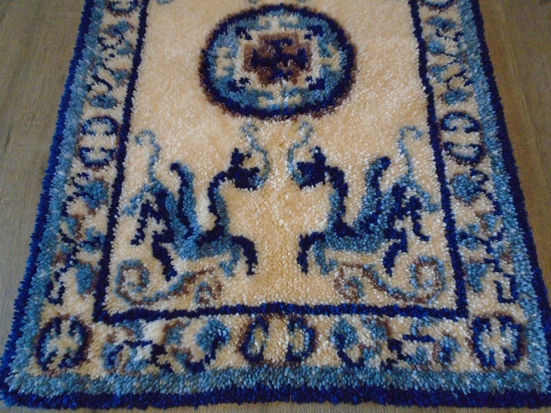 Vintage Hand Made Hooked Oriental Theme Dragons Rug Hanging 44"X30" gallery
