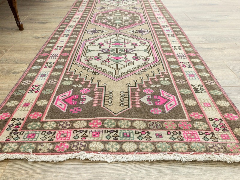 Turkish Oushak Runner Rug 2.7x10 ft – Pastel Pink Green – Modern Entry Rug gallery